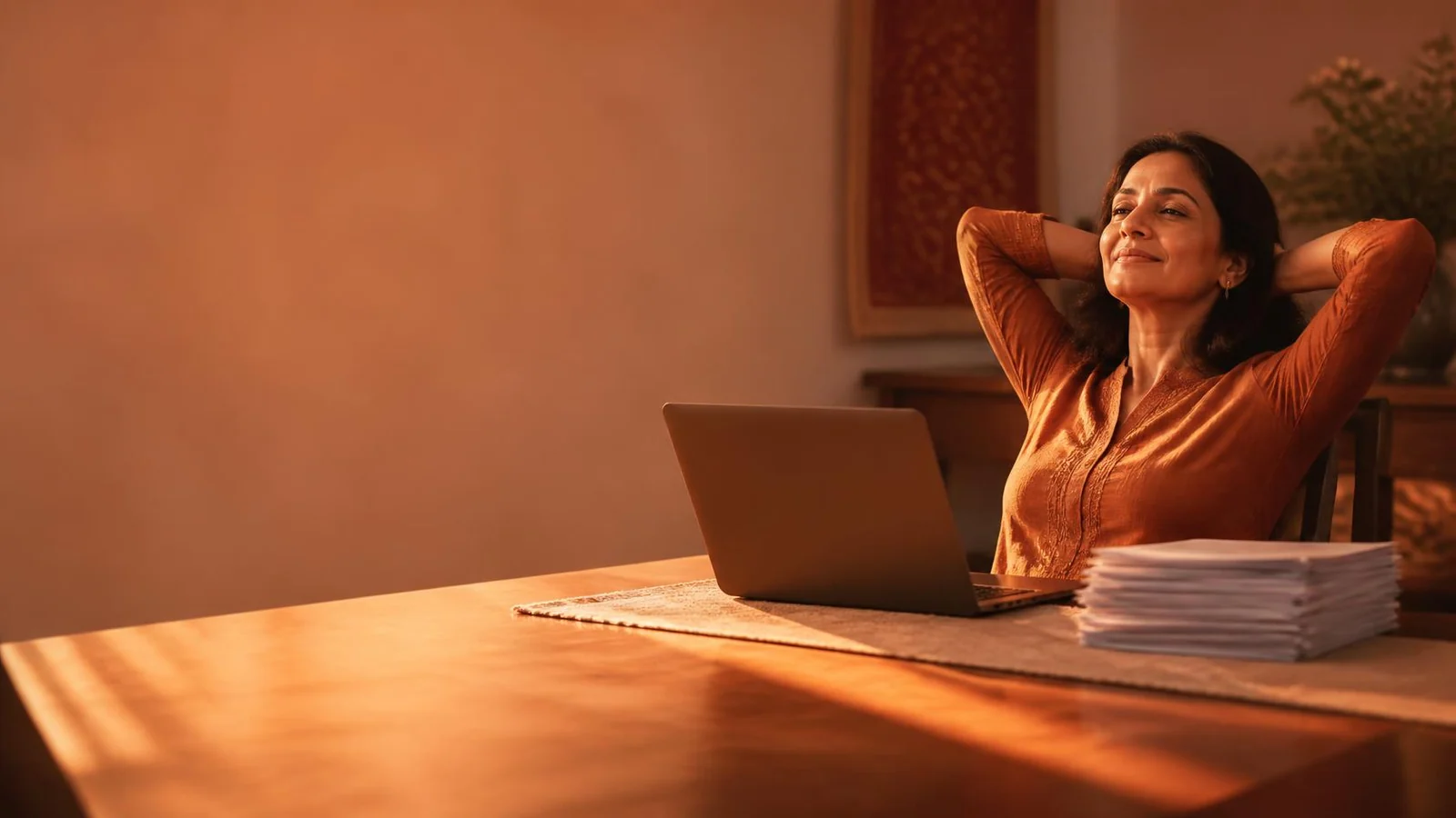 A woman leaning back from her laptop at a home desk, her filing finished